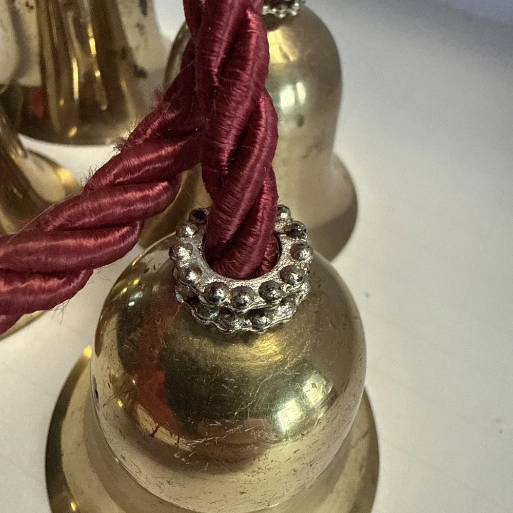 Vintage SET of 5 Vintage BRASS BELLS HANGING on CORD Doorknob Etc…